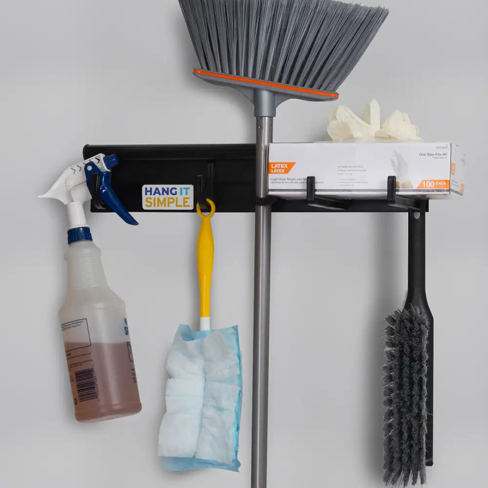 Black wall-mounted hang it simple rubber loops universal storage hanger with hooks holding broom spray bottle and supplies