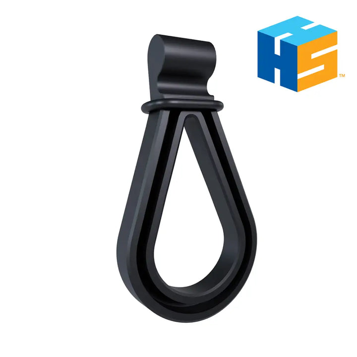 Black plastic universal storage hanger hook with a teardrop design and sturdy loop for Hang It Simple rubber loops 3-pack add-on