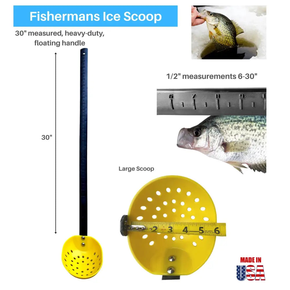 Holemate 36 inch yellow plastic anglers scoop with black floating handle and perforated bowl for ice slush and ice fishermen