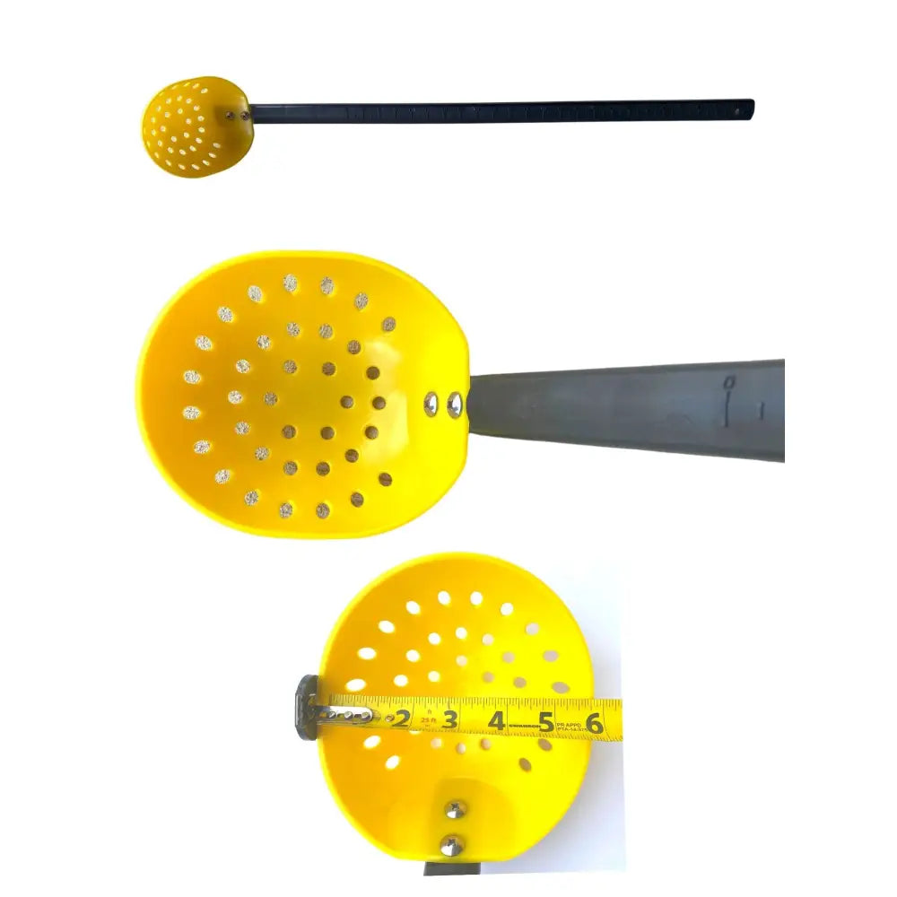 Bright yellow plastic slotted anglers scoop with black handle for ice slush by HoleMate 36 floating ice fishing scoop