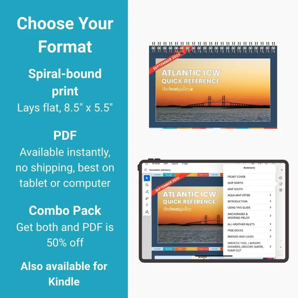 Spiral-bound atlantic icw quick reference cruising guide with sunset and bridge image on cover for icw cruising use