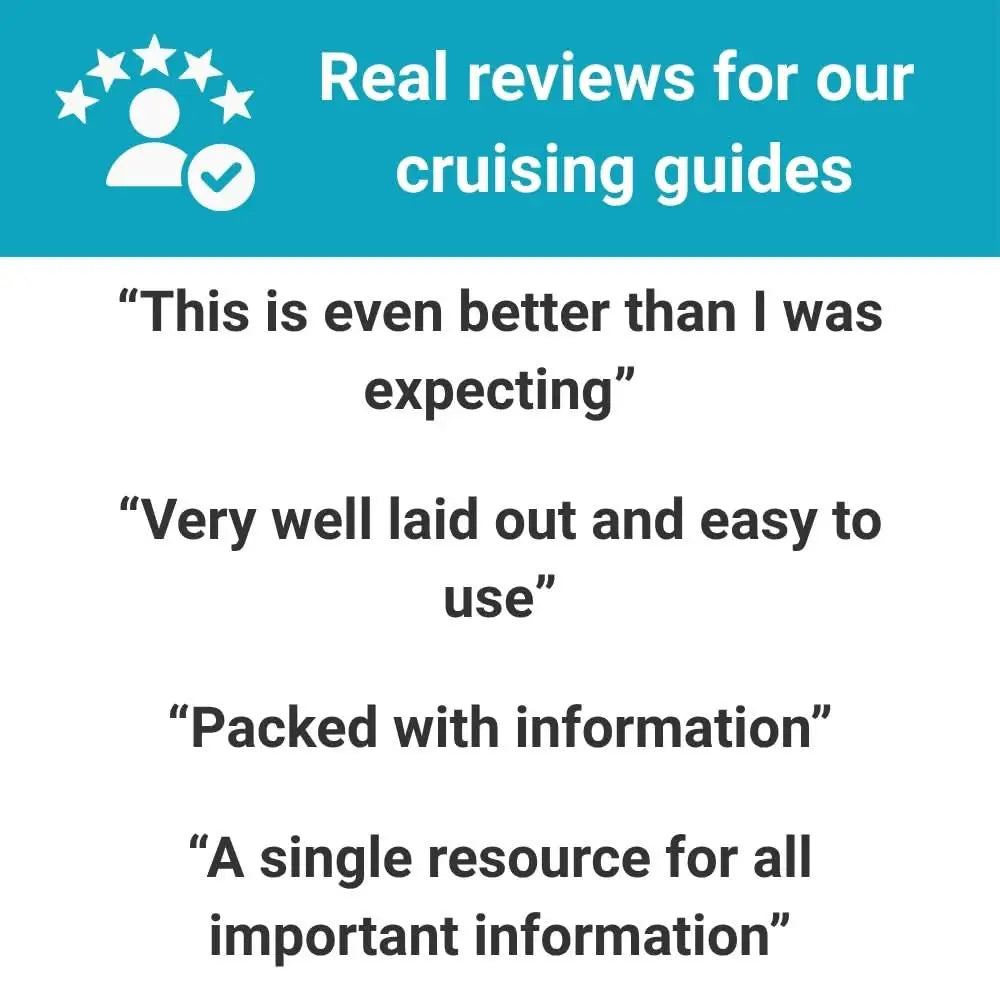 Blue banner with white text and icons showcasing real customer reviews for the icw cruising guide product