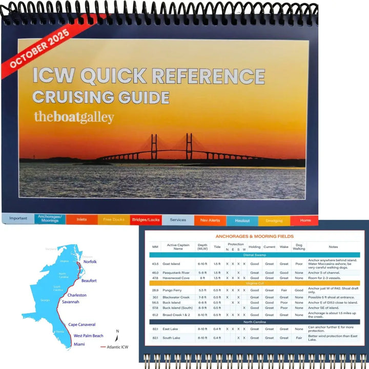 2025 icw quick reference cruising guide by boat galley with spiral-bound design and orange sunset bridge cover for icw cruising