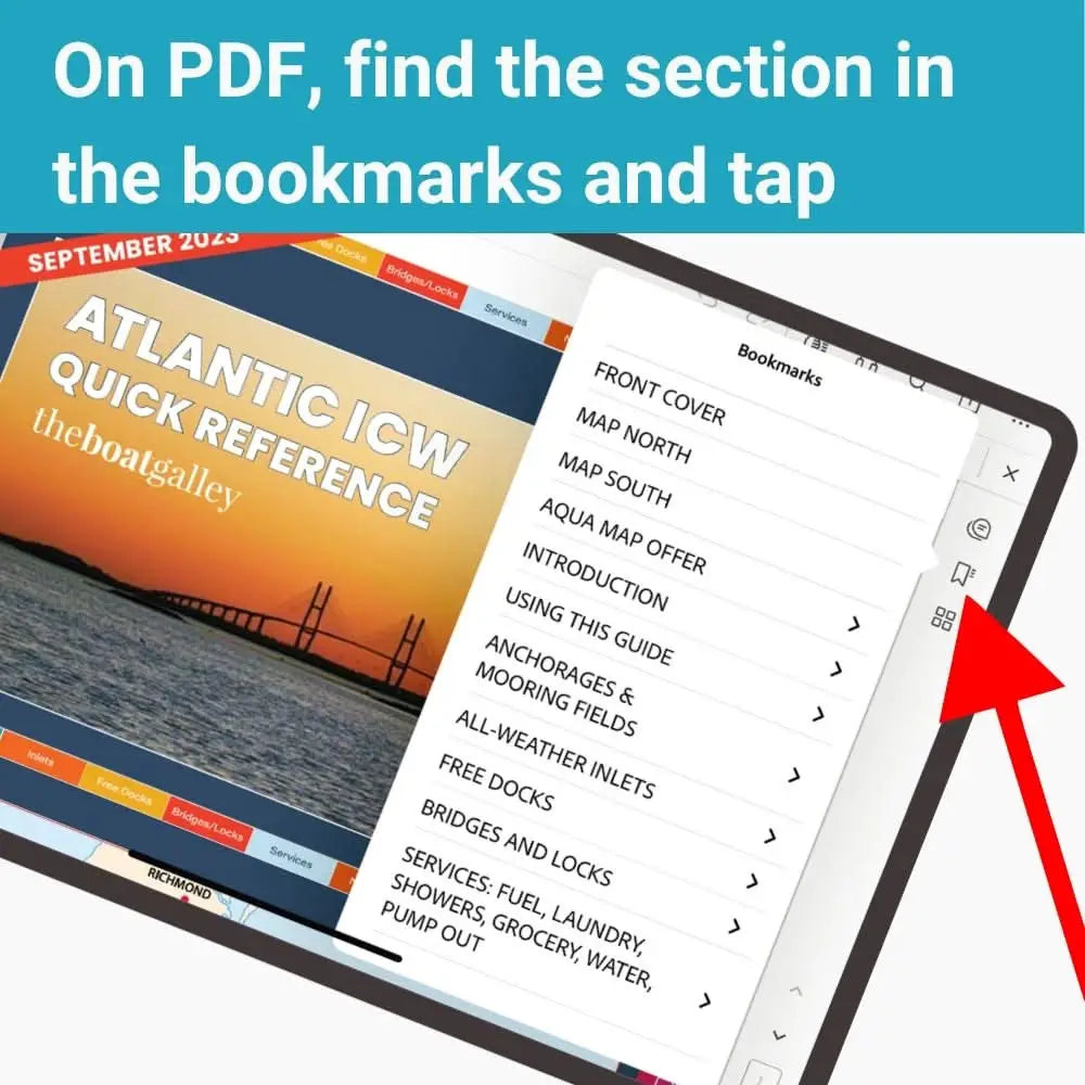 A tablet displaying the atlantic icw quick reference cruising guide pdf with an open bookmarks sidebar for icw cruising