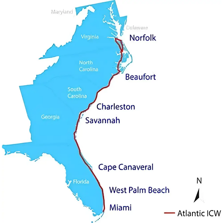 A blue map highlighting the atlantic intracoastal waterway with labeled cities for the icw cruising guide quick reference