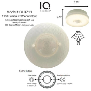 IQ America Battery-Powered LED Motion Sensor Flush Mount Ceiling Light 7 inch 1150 Lumens WH - Battery Operated Motion