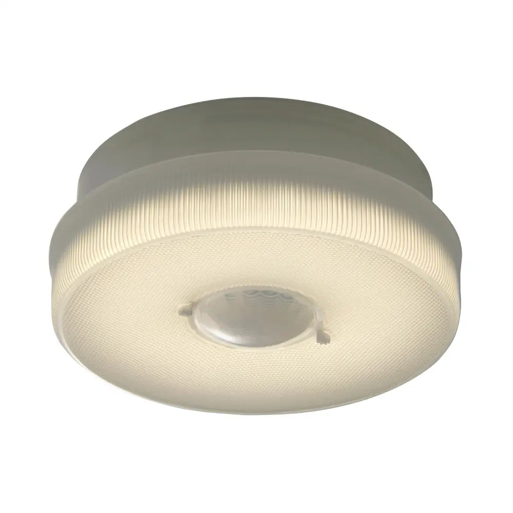 Off-white circular motion sensor ceiling light with ribbed glass diffuser and frosted plastic housing led light