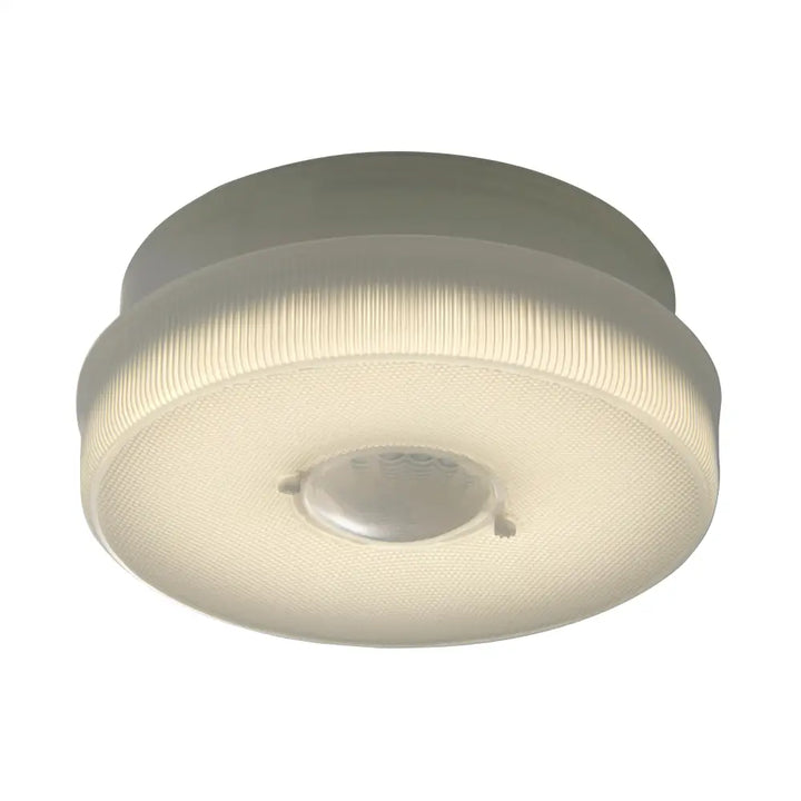 Off-white circular motion sensor ceiling light with ribbed glass diffuser and frosted plastic housing led light