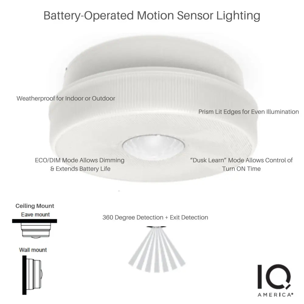 Iq america white circular battery powered motion sensor ceiling light with prism lit edges for even led illumination