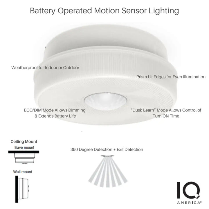 Iq america white circular battery powered motion sensor ceiling light with prism lit edges for even led illumination