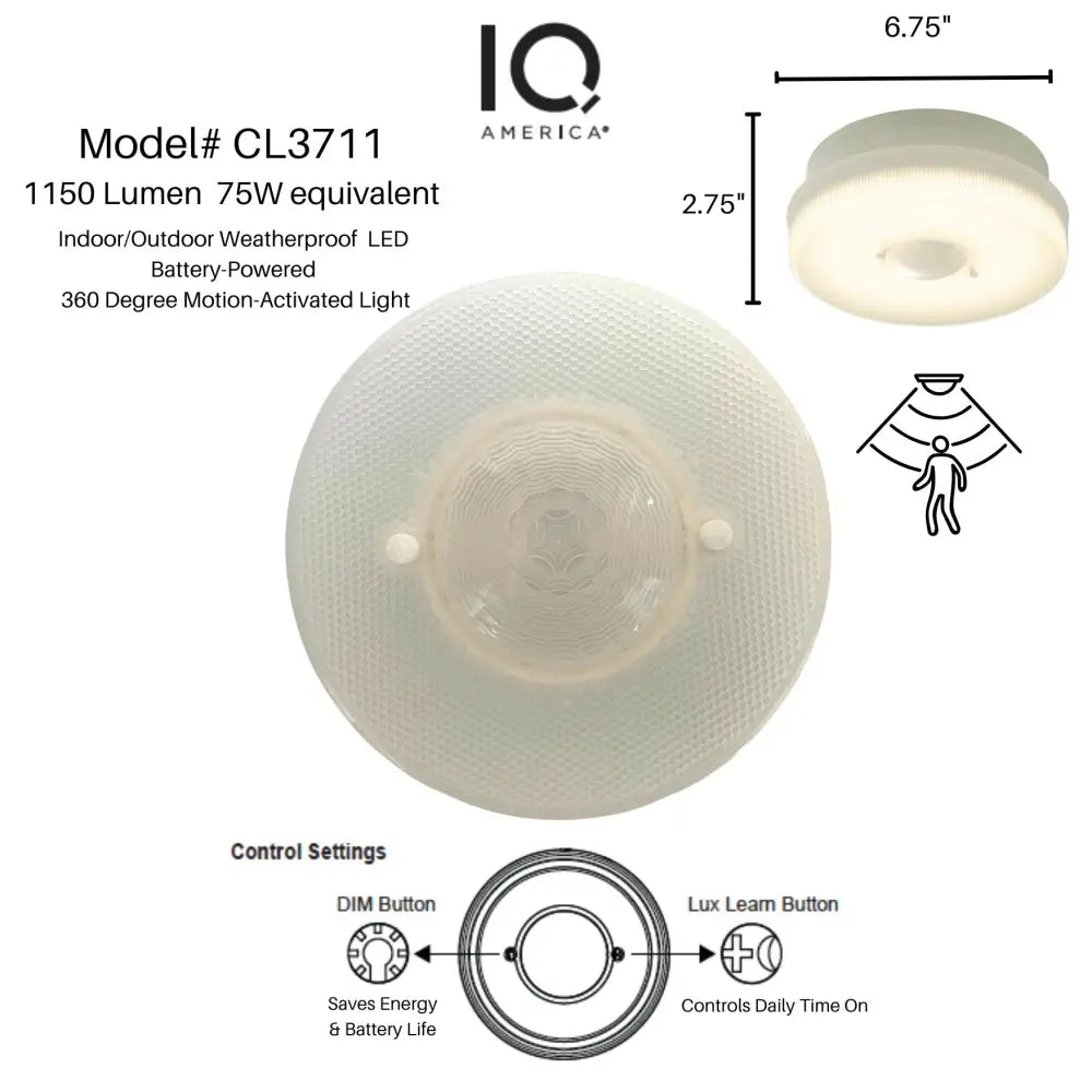 Iq America battery powered motion sensor ceiling light with led light 1150 lumens and white textured diffuser
