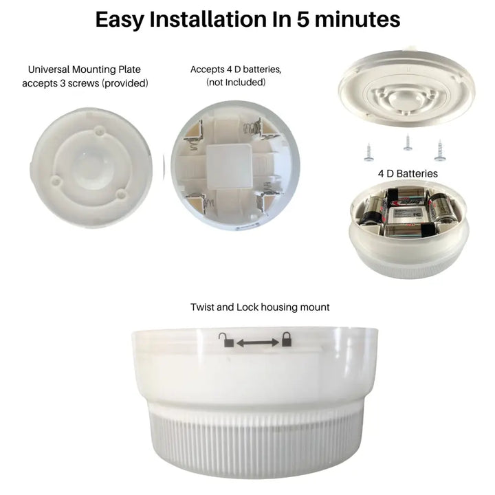 White plastic iq america battery powered motion light ceiling light with twist-and-lock housing and universal mounting plate