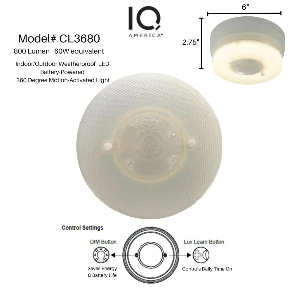 Iq america battery powered motion light with 800 lumens white frosted diffuser and circular ceiling light design