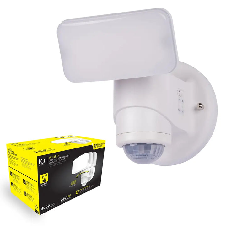 White plastic wired motion security light with motion sensor and dynamic tracking technology from iq america