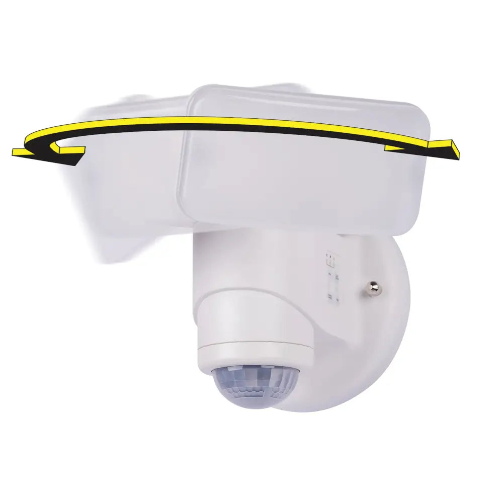 White plastic IQ America dynamic tracking motion security light with translucent dome and wired motion sensor bracket