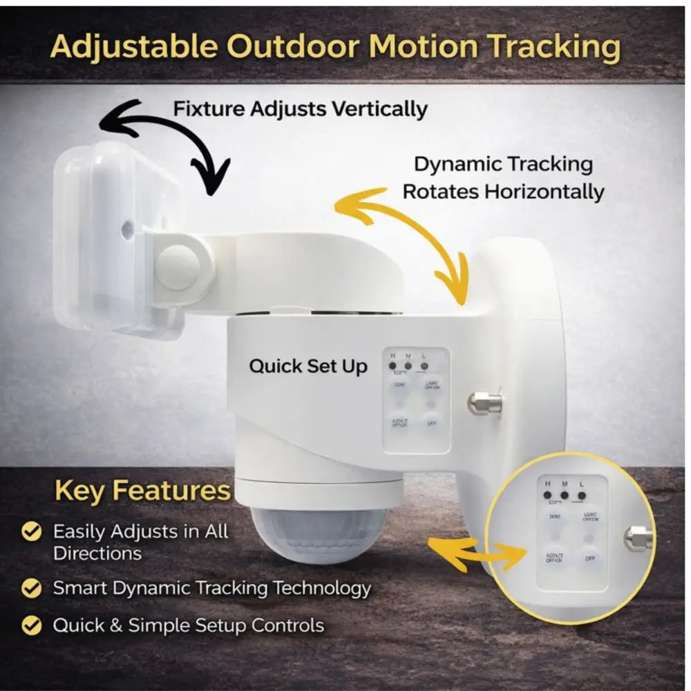 White IQ America dynamic tracking motion security light with wired motion sensor and adjustable horizontal vertical design