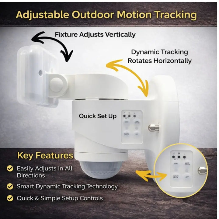 White IQ America dynamic tracking motion security light with wired motion sensor and adjustable horizontal vertical design