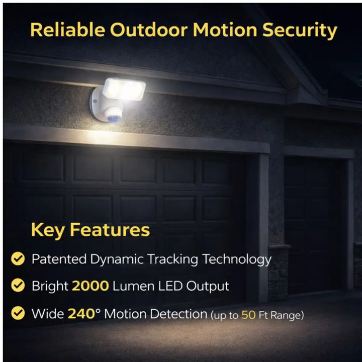 Iq america dynamic tracking motion security light is a white wired motion security light with integrated led spotlight and motion sensor