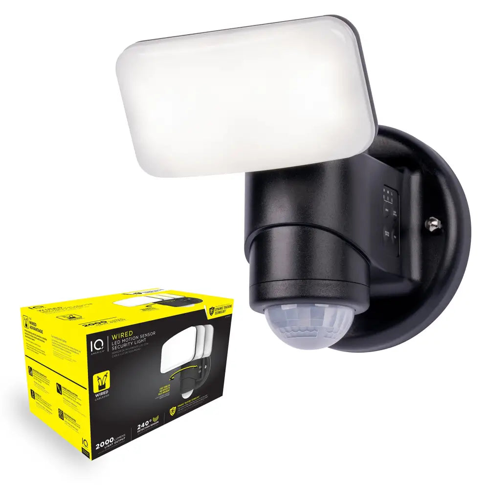 Black wired led motion sensor security light with white lamp head and clear dome sensor featuring dynamic tracking technology