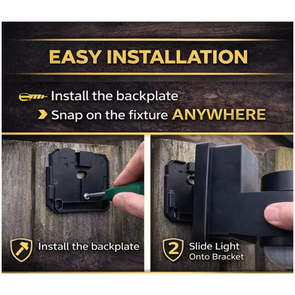 Black plastic backplate of iq america dynamic tracking solar powered motion security light for wall mounting installation