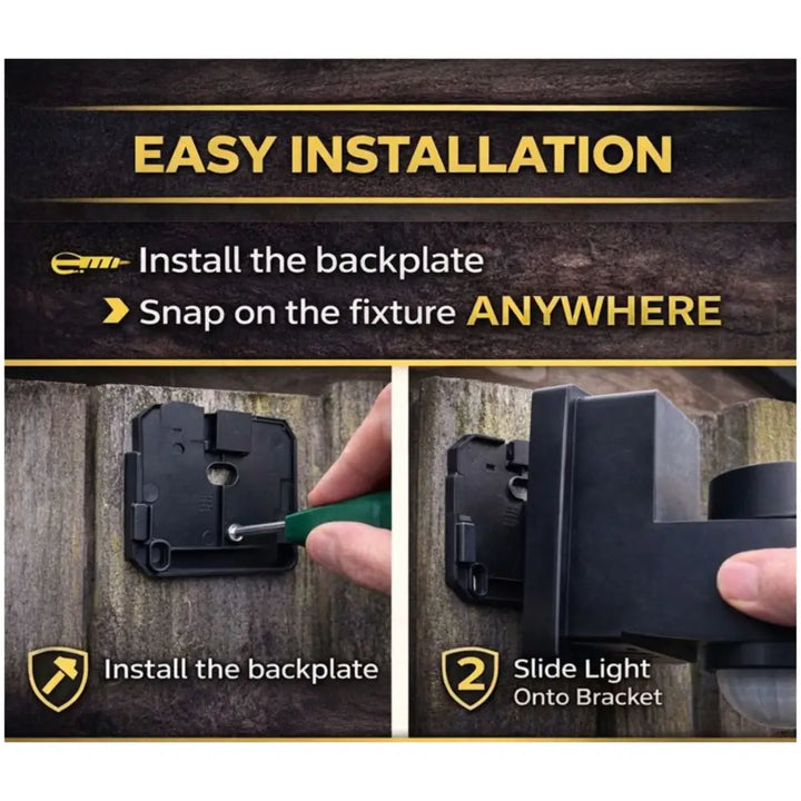 Black plastic backplate of iq america dynamic tracking solar powered motion security light for wall mounting installation