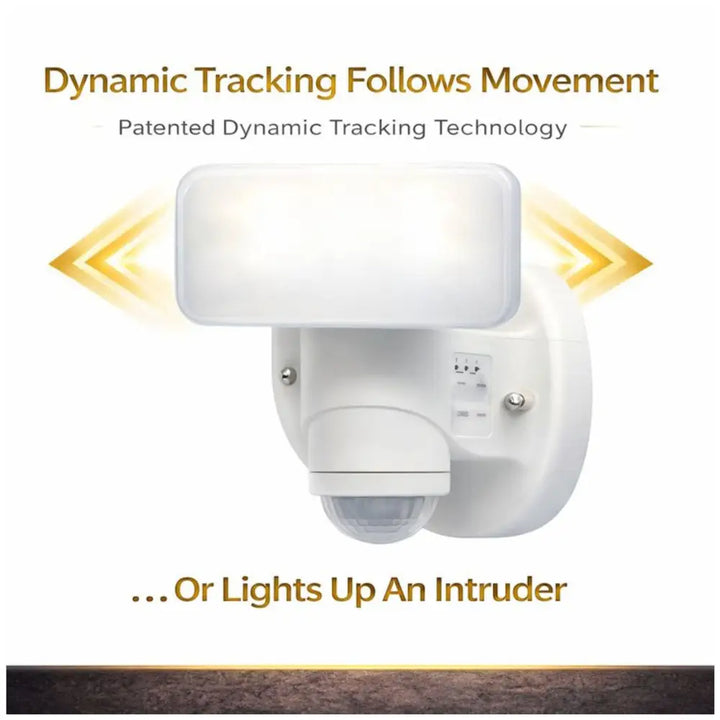 White motion security light with dynamic tracking solar technology and frosted rectangular lens for outdoor use