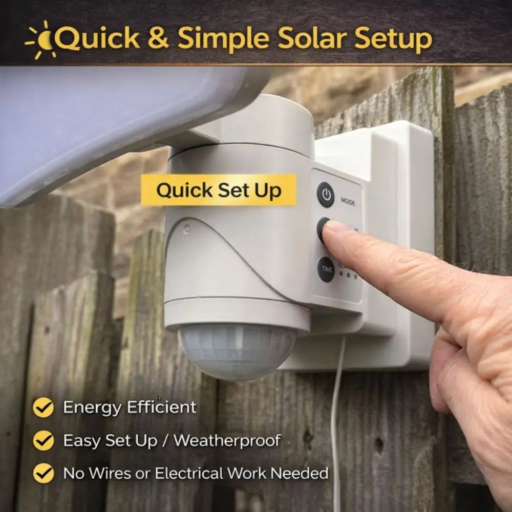White plastic iq america dynamic tracking solar powered motion security light with dome lens and control panel buttons