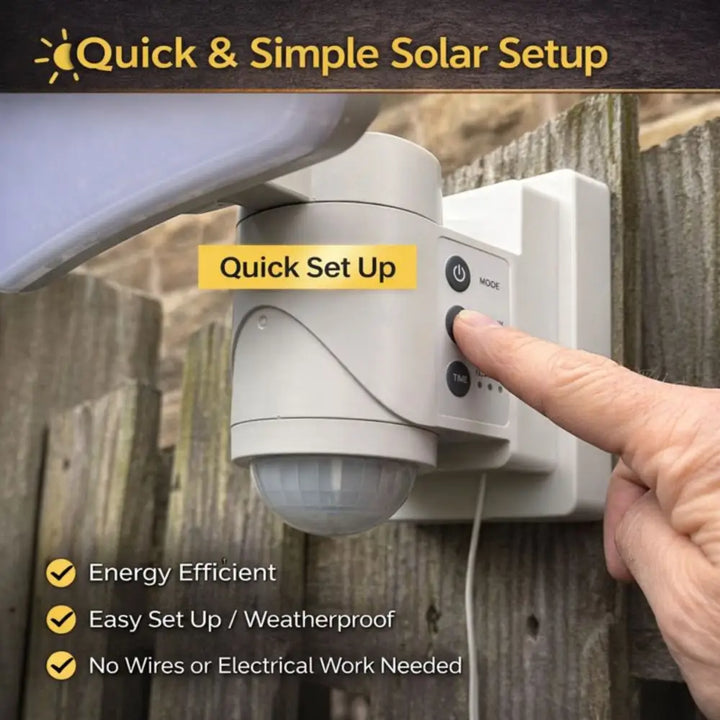 White plastic iq america dynamic tracking solar powered motion security light with dome lens and control panel buttons