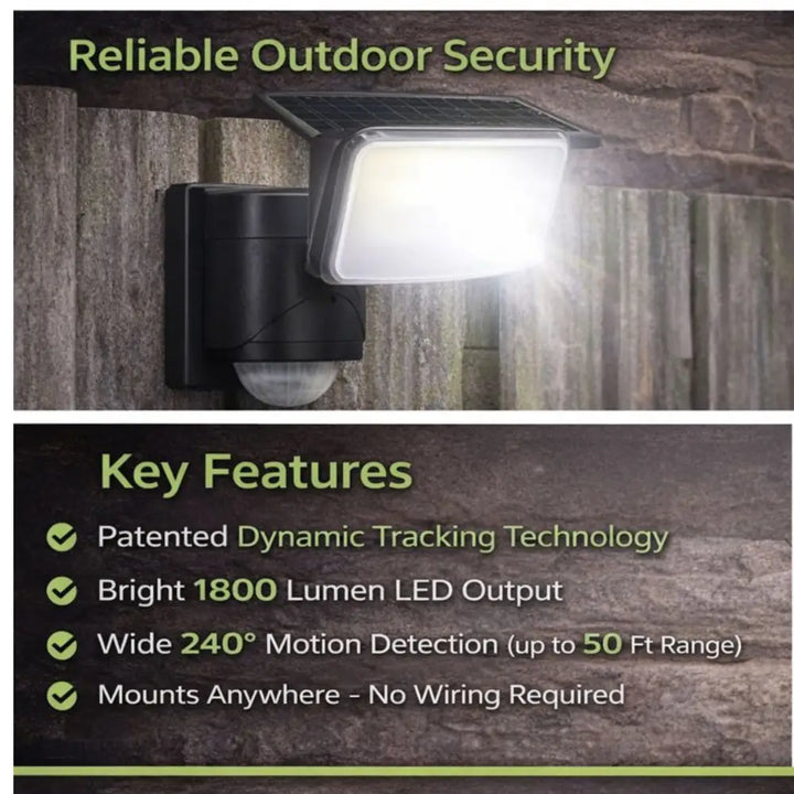 Black IQ America dynamic tracking solar powered motion security light with rectangular LED panel and integrated motion detector