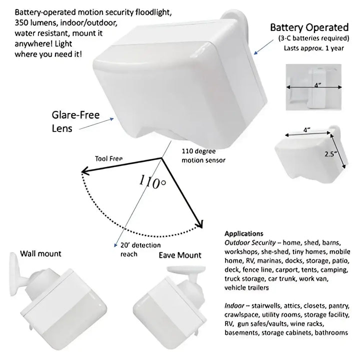 IQ America LB1135WH Battery-Powered LED Motion Security Sensor Flood Light 350 Lumens Universal Mount Closet Shed