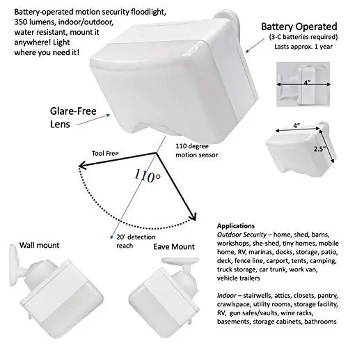 IQ America LB1135WH Battery-Powered LED Motion Security Sensor Flood Light 350 Lumens Universal Mount Closet Shed