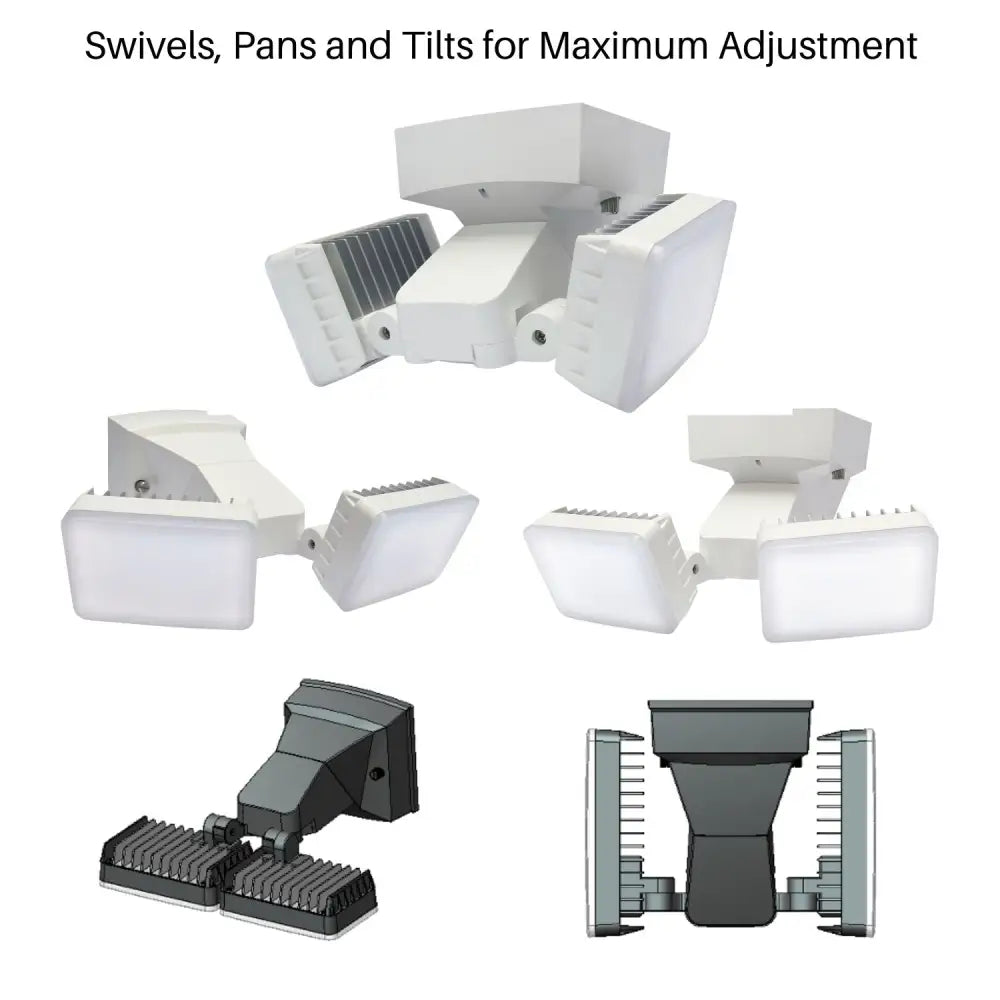White dual-head led dusk to dawn security flood light with swivel tilt wall mount weatherproof commercial use