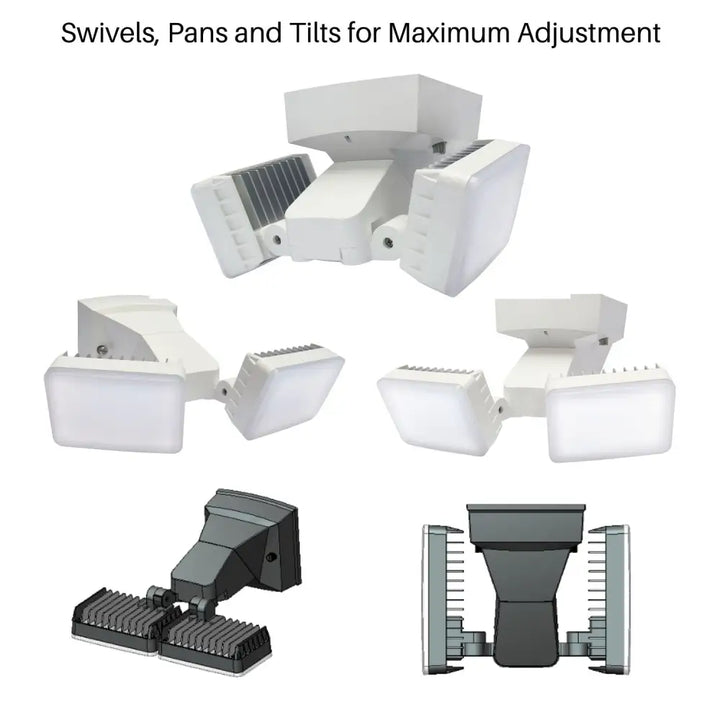 White dual-head led dusk to dawn security flood light with swivel tilt wall mount weatherproof commercial use