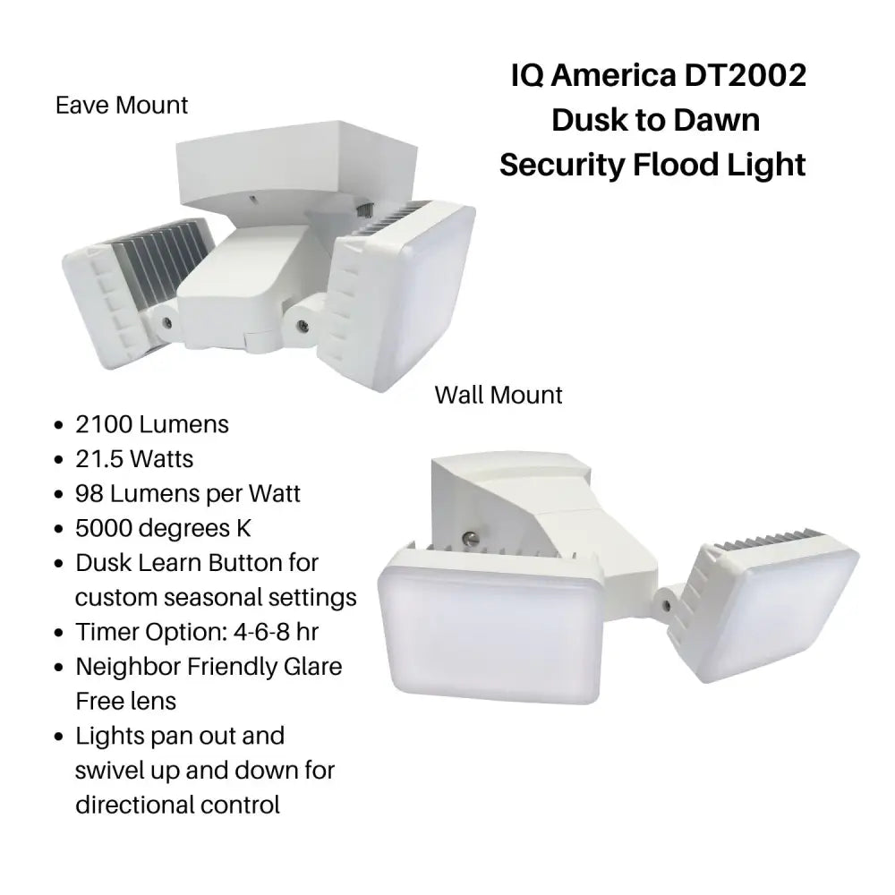 Iq america led dusk to dawn security flood light white with two adjustable weatherproof floodlights for wall mount use