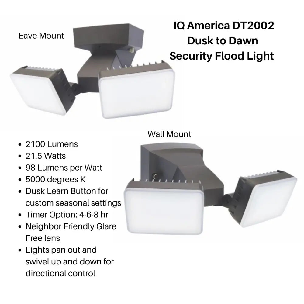 Iq america dt2002 dusk to dawn security flood light with two white led panels and dark gray wall mount weatherproof base