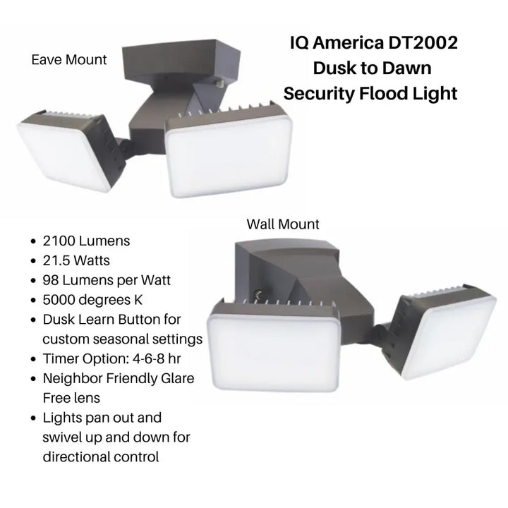 Iq america dt2002 dusk to dawn security flood light with two white led panels and dark gray wall mount weatherproof base