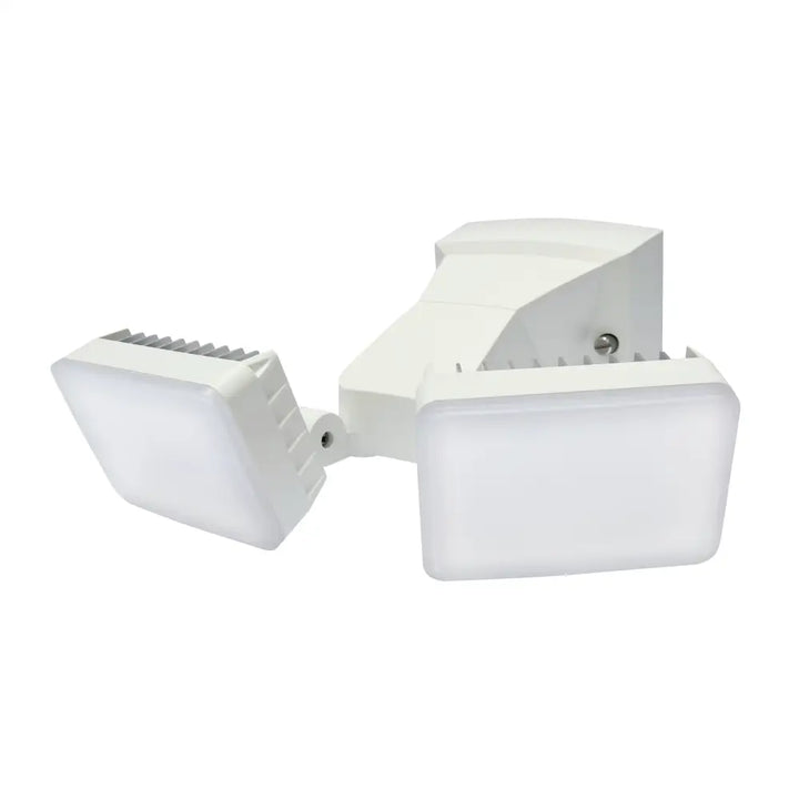 White dual-head frost plastic iq america led dusk to dawn security flood light with sleek angular wall mount weatherproof design