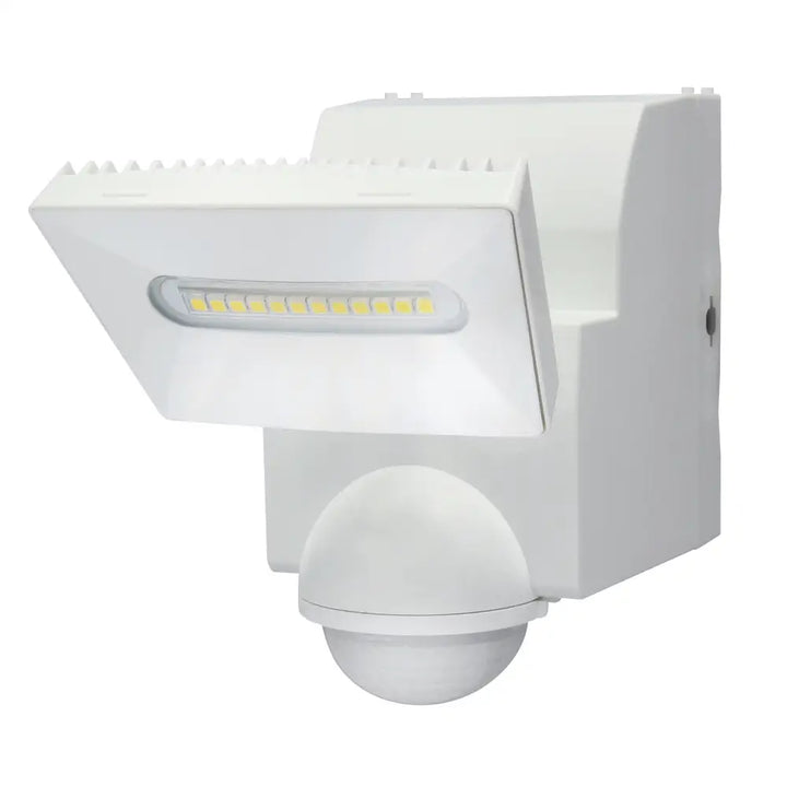 White plastic iq america led motion security flood light with rectangular led light bar and spherical motion sensor dome