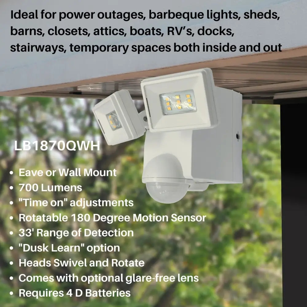 White plastic eave mount battery powered motion sensor flood light with two adjustable heads and dome-shaped lens