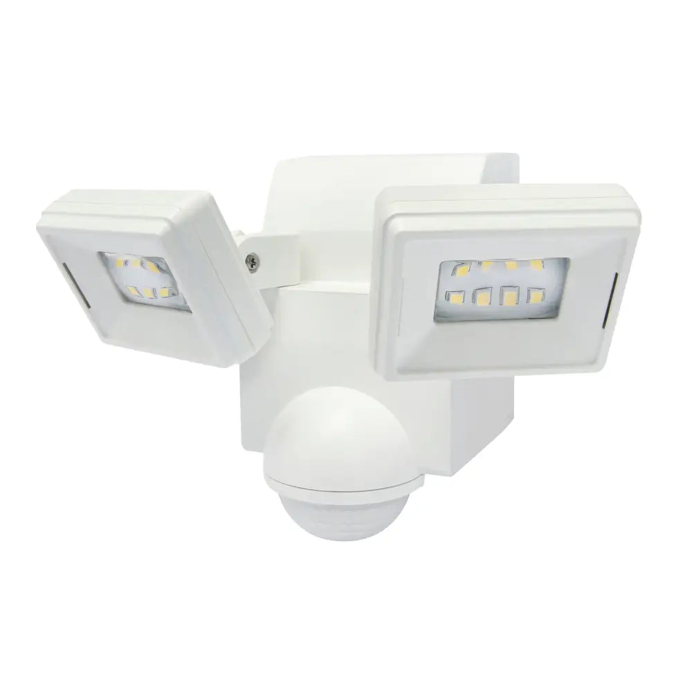 White dual-head IQ America LED motion sensor flood light battery powered motion light for eave mount use