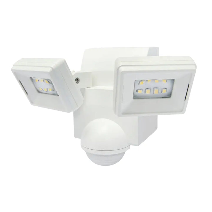 White dual-head IQ America LED motion sensor flood light battery powered motion light for eave mount use
