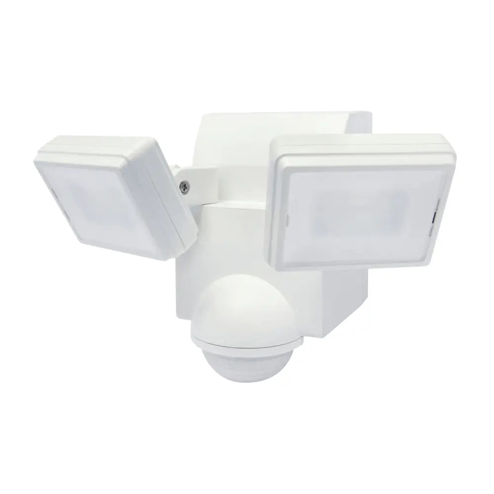 White battery powered motion sensor flood light with two adjustable led heads for eave mount use