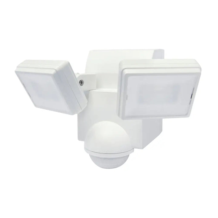 White battery powered motion sensor flood light with two adjustable led heads for eave mount use