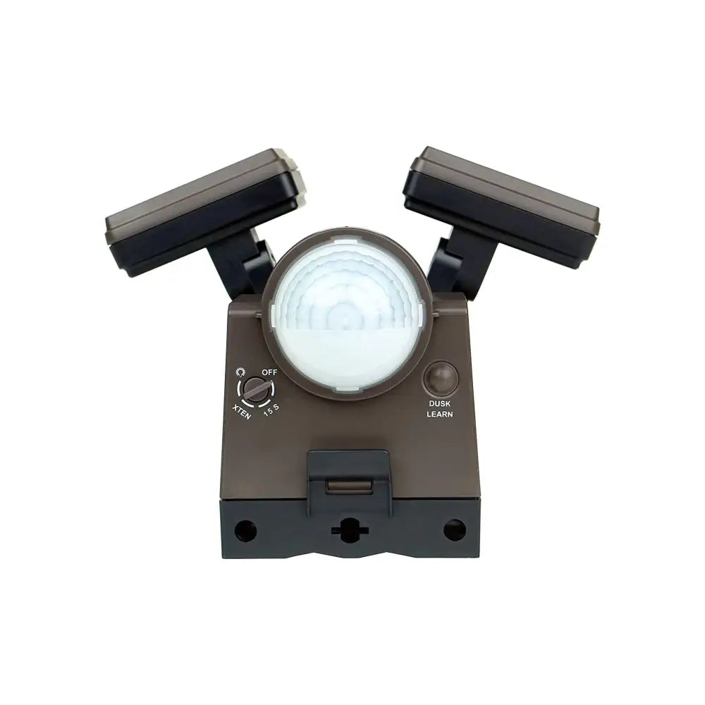 Brown iq america led motion sensor flood light with dual heads black arms and circular sensor lens battery powered motion light