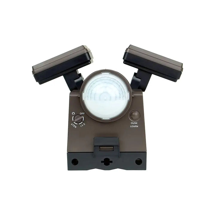 Brown iq america led motion sensor flood light with dual heads black arms and circular sensor lens battery powered motion light
