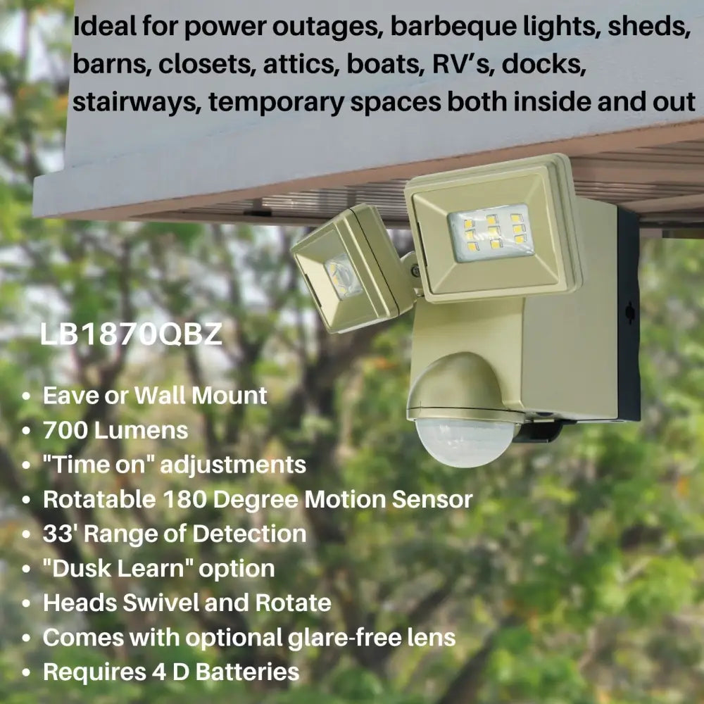 Beige IQ America LED battery powered motion sensor flood light with dual adjustable heads and glare-free lens for eave mount
