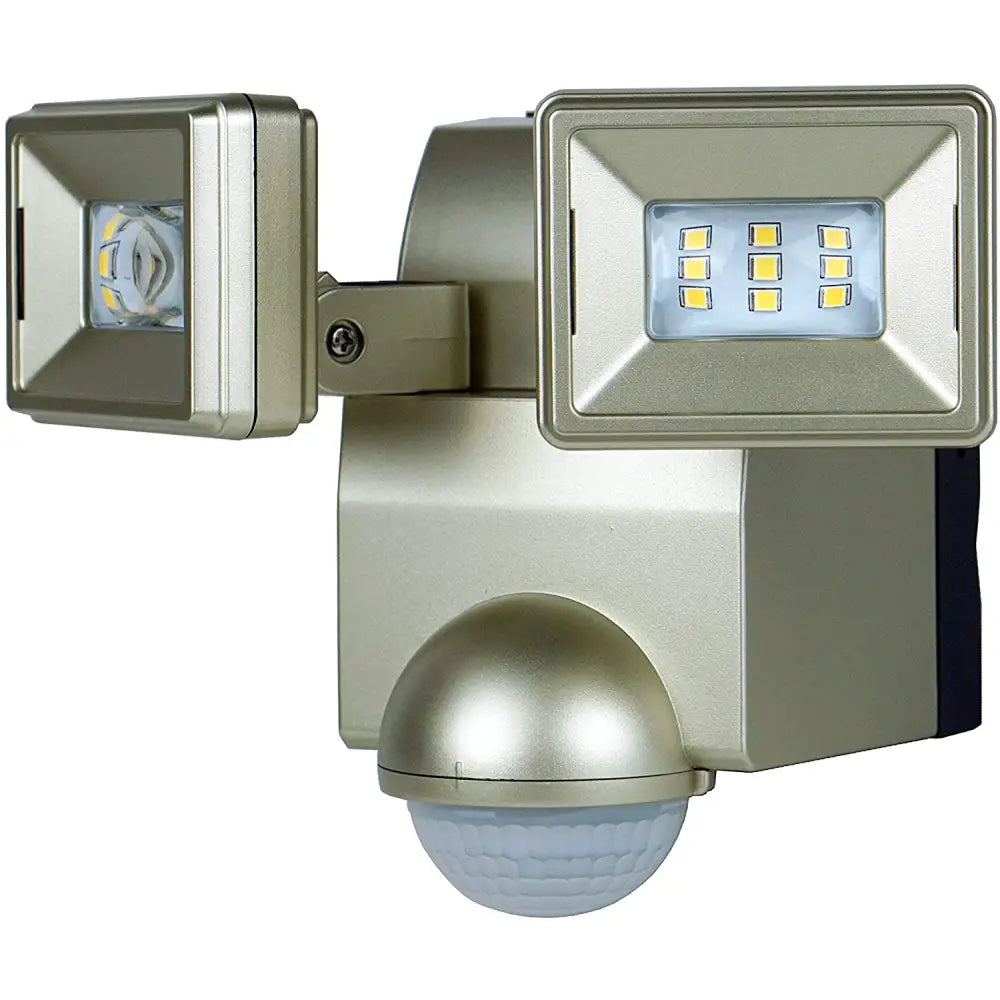 Silver eave mount battery powered motion light with two adjustable led heads and dome-shaped sensor base