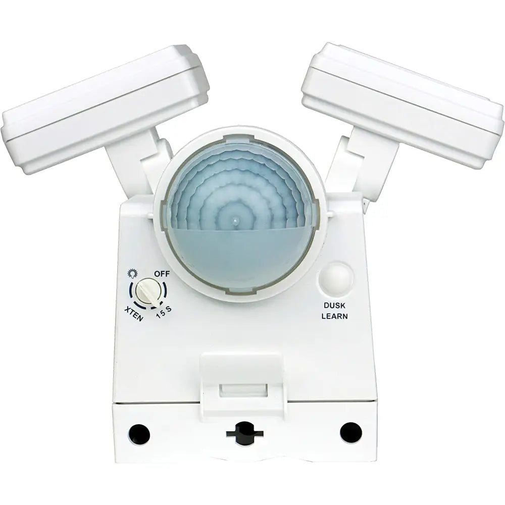 White dual-head battery powered motion sensor flood light with circular lens and control dial for eave mount use