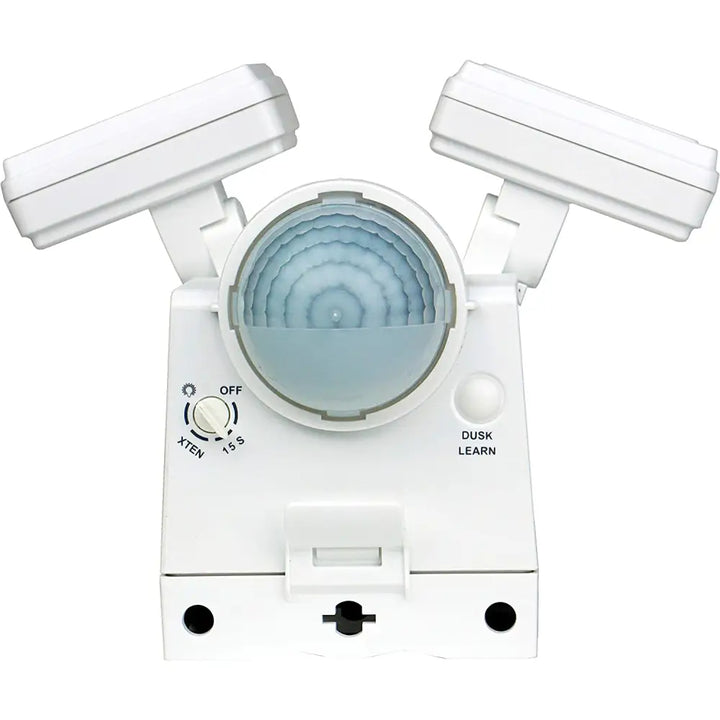 White dual-head battery powered motion sensor flood light with circular lens and control dial for eave mount use
