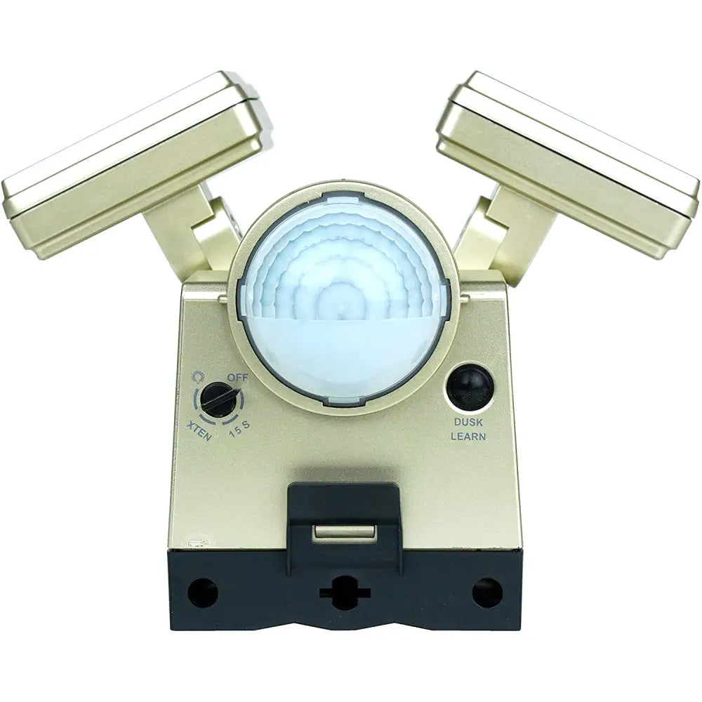 Gold-colored dual-head IQ America battery powered motion sensor flood light with circular sensor lens and black base for eave mount